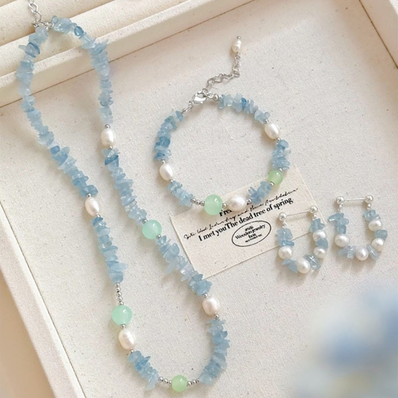 Ocean Serenity Natural Crystal & Pearl Jewelry Set (Necklace + Bracelet + Earrings)