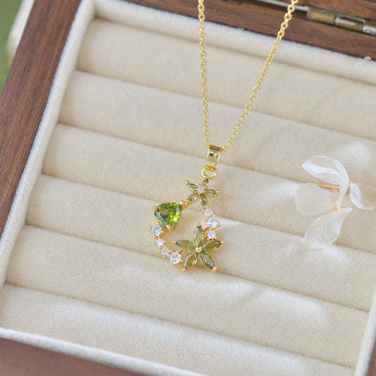 Floral Bay - Vintage Olive Green Zirconia Flower Jewelry Set - Gold-Plated 14K Necklace, Bracelet, and Earrings Set