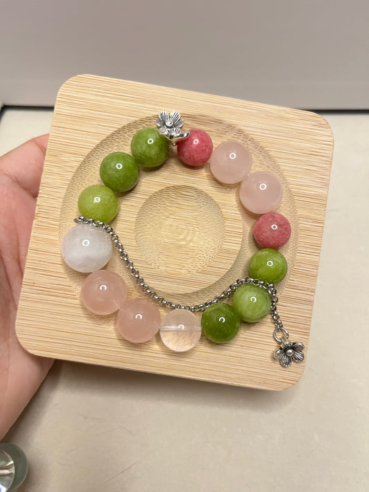 Rose Orchard – Natural Pink & Green Crystal Bracelet with Floral Charm