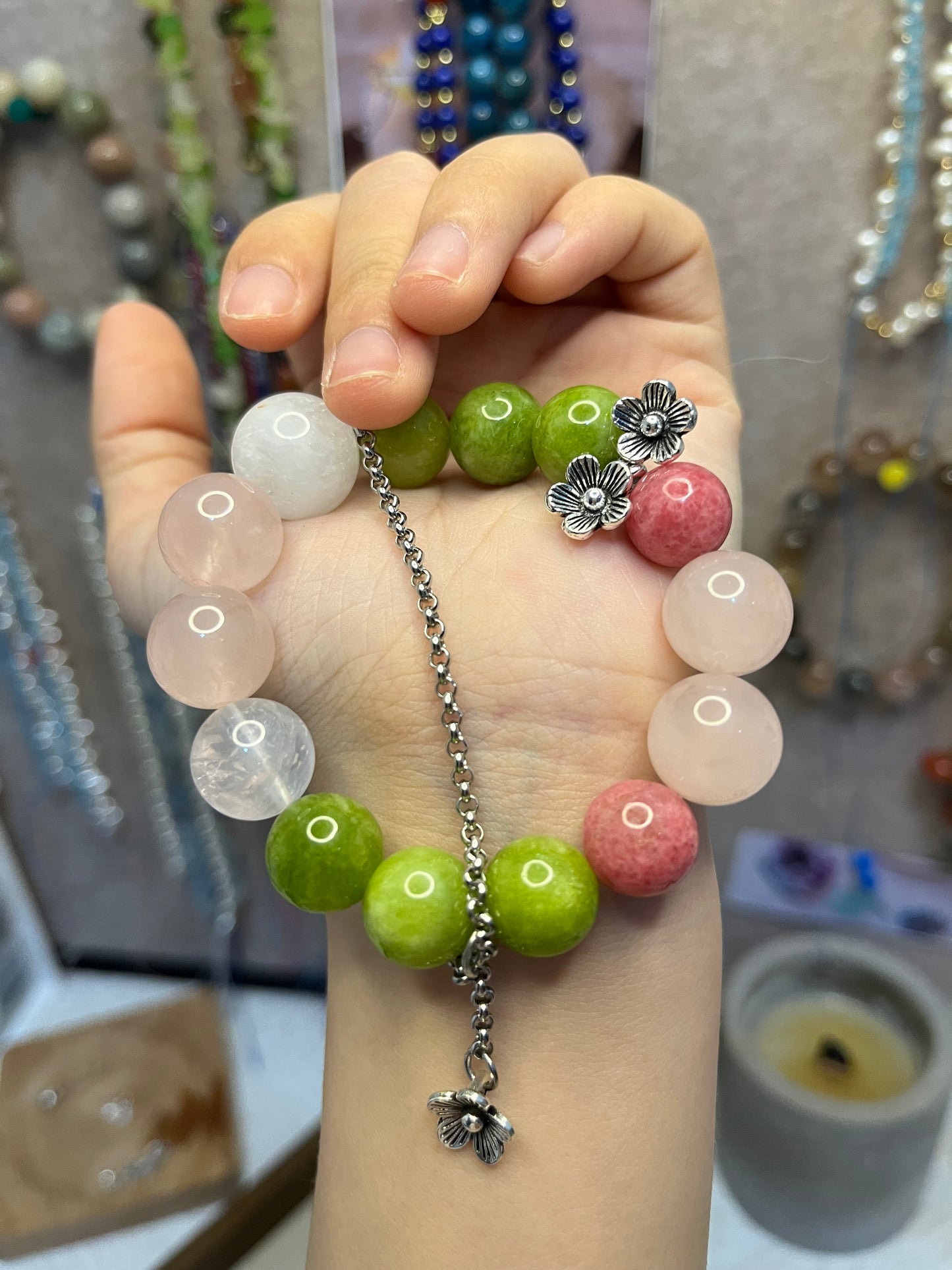 Rose Orchard – Natural Pink & Green Crystal Bracelet with Floral Charm