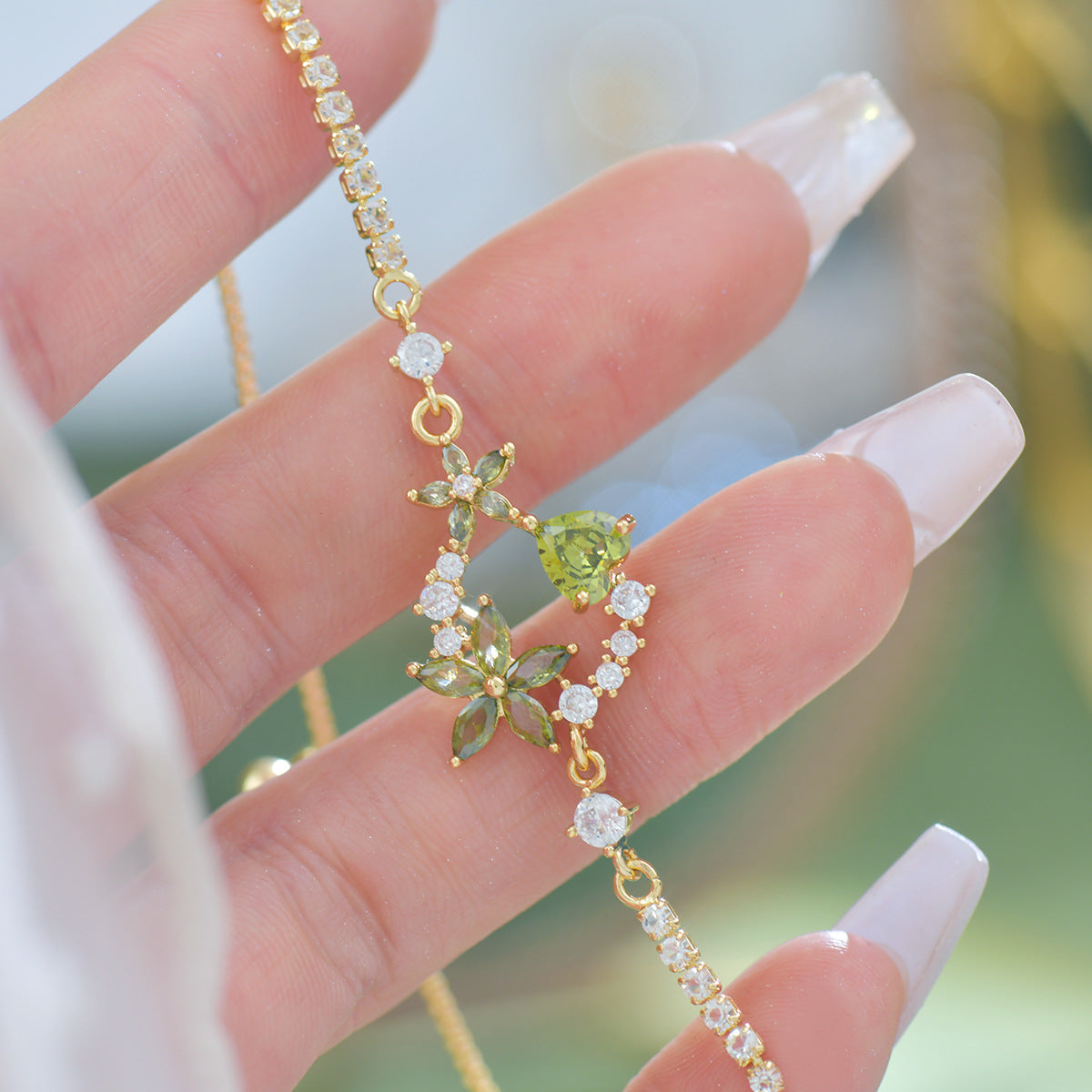 Floral Bay - Vintage Olive Green Zirconia Flower Jewelry Set - Gold-Plated 14K Necklace, Bracelet, and Earrings Set