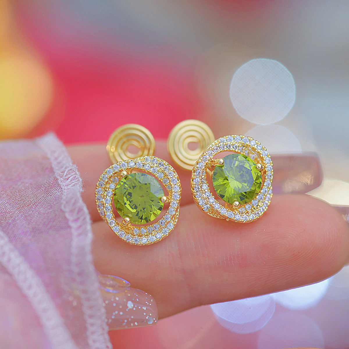 Vintage Eternal Green - 14k Gold Plated Stainless Steel Earring with Green Stones & Diamond Accents