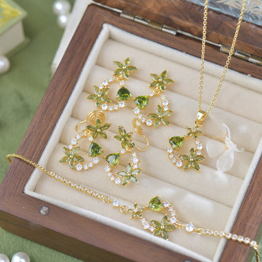 Floral Bay - Vintage Olive Green Zirconia Flower Jewelry Set - Gold-Plated 14K Necklace, Bracelet, and Earrings Set