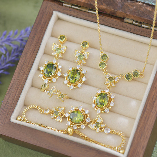Elegant Green Zircon Vintage Jewelry Set – Gold Plated Necklace, Bracelet, Ring & Earrings
