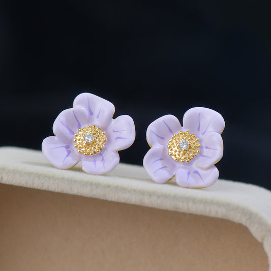 Purple Hydrangea Flower Earring with 14K Gold-Plated Center & Copper Base