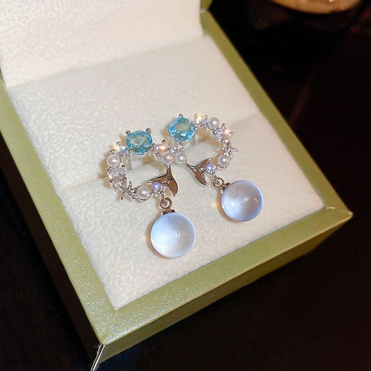 Blue Bubble - Silver-Plated Earring with Aqua Crystals, Pearls & Starfish Design - A Touch of Ocean Magic