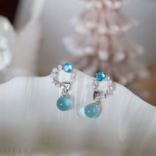 Blue Bubble - Silver-Plated Earring with Aqua Crystals, Pearls & Starfish Design - A Touch of Ocean Magic