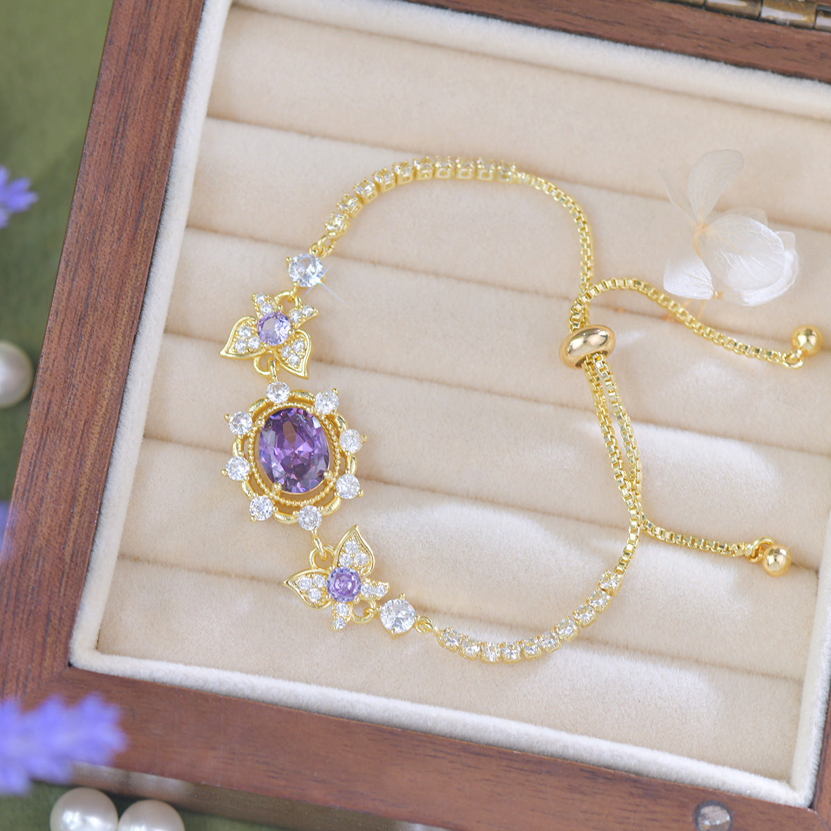 Purple Butterfly Vintage Gold Plated Cubic Zirconia Jewelry Set – Necklace, Earrings, Bracelet & Ring, Hand Polished