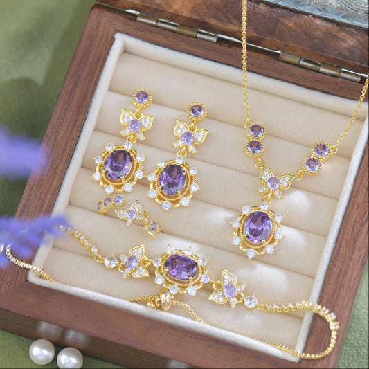Purple Butterfly Vintage Gold Plated Cubic Zirconia Jewelry Set – Necklace, Earrings, Bracelet & Ring, Hand Polished