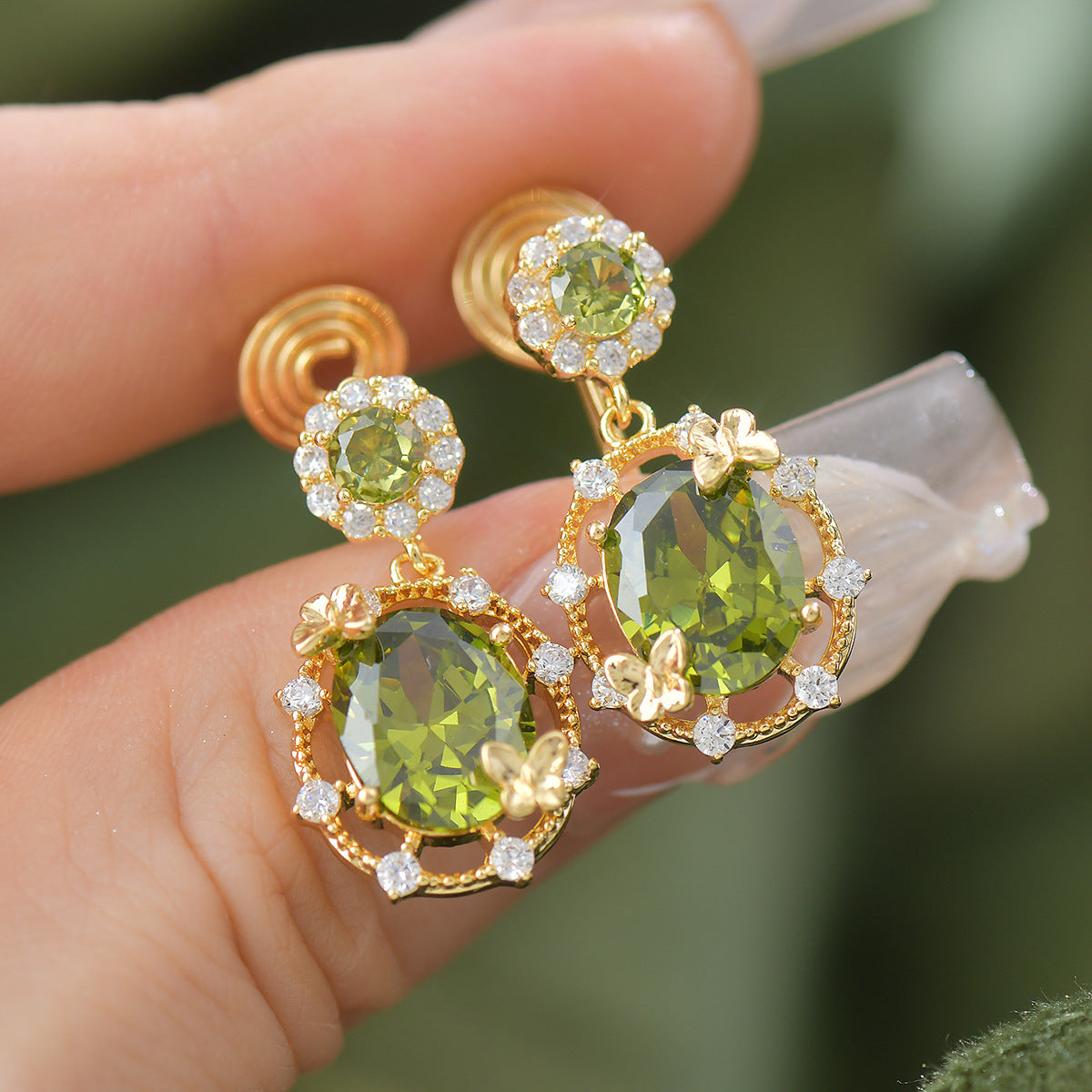Butterfly Bloom - Green Zircon Jewelry Set with 14K Gold-Plated Copper - Necklace, Bracelet, Earrings & Ring