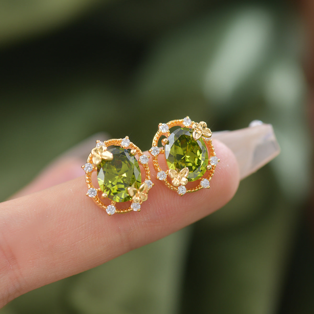 Butterfly Bloom - Green Zircon Jewelry Set with 14K Gold-Plated Copper - Necklace, Bracelet, Earrings & Ring