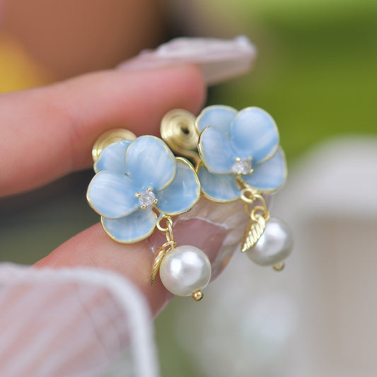 Blue Enamel Flower Drop Earring with Pearl and Crystal – Gold Plated Copper, Hand Polished