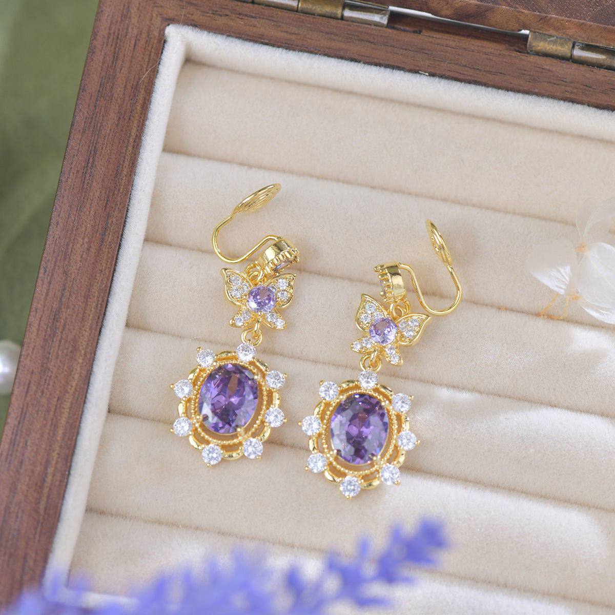 Purple Butterfly Vintage Gold Plated Cubic Zirconia Jewelry Set – Necklace, Earrings, Bracelet & Ring, Hand Polished