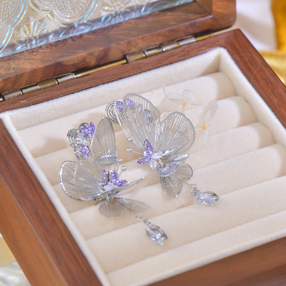 Silver Butterfly Earrings with Purple & Blue Cubic Zirconia – Elegant Crystal Jewelry