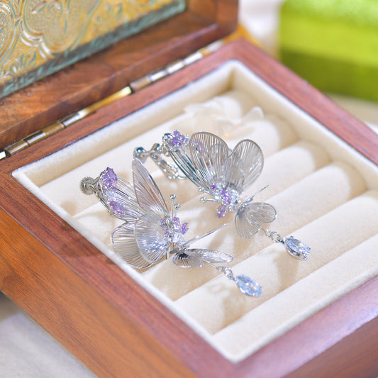 Silver Butterfly Earrings with Purple & Blue Cubic Zirconia – Elegant Crystal Jewelry