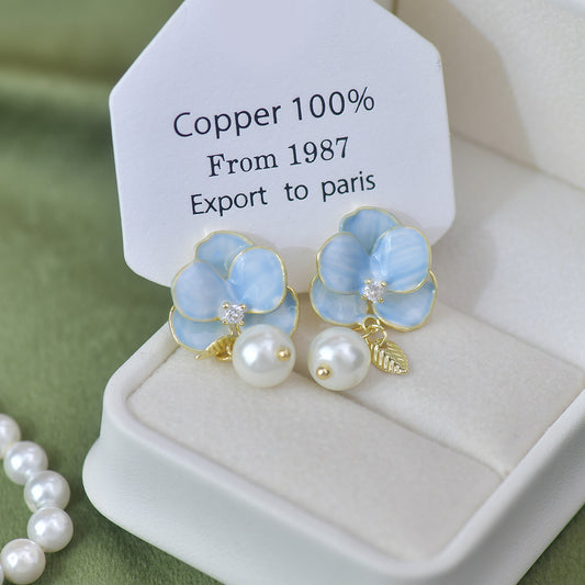 Blue Enamel Flower Drop Earring with Pearl and Crystal – Gold Plated Copper, Hand Polished