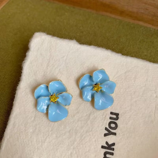 Blue Enamel Flower Stud Earring with Yellow Crystal – Gold Plated Copper, Hand Polished