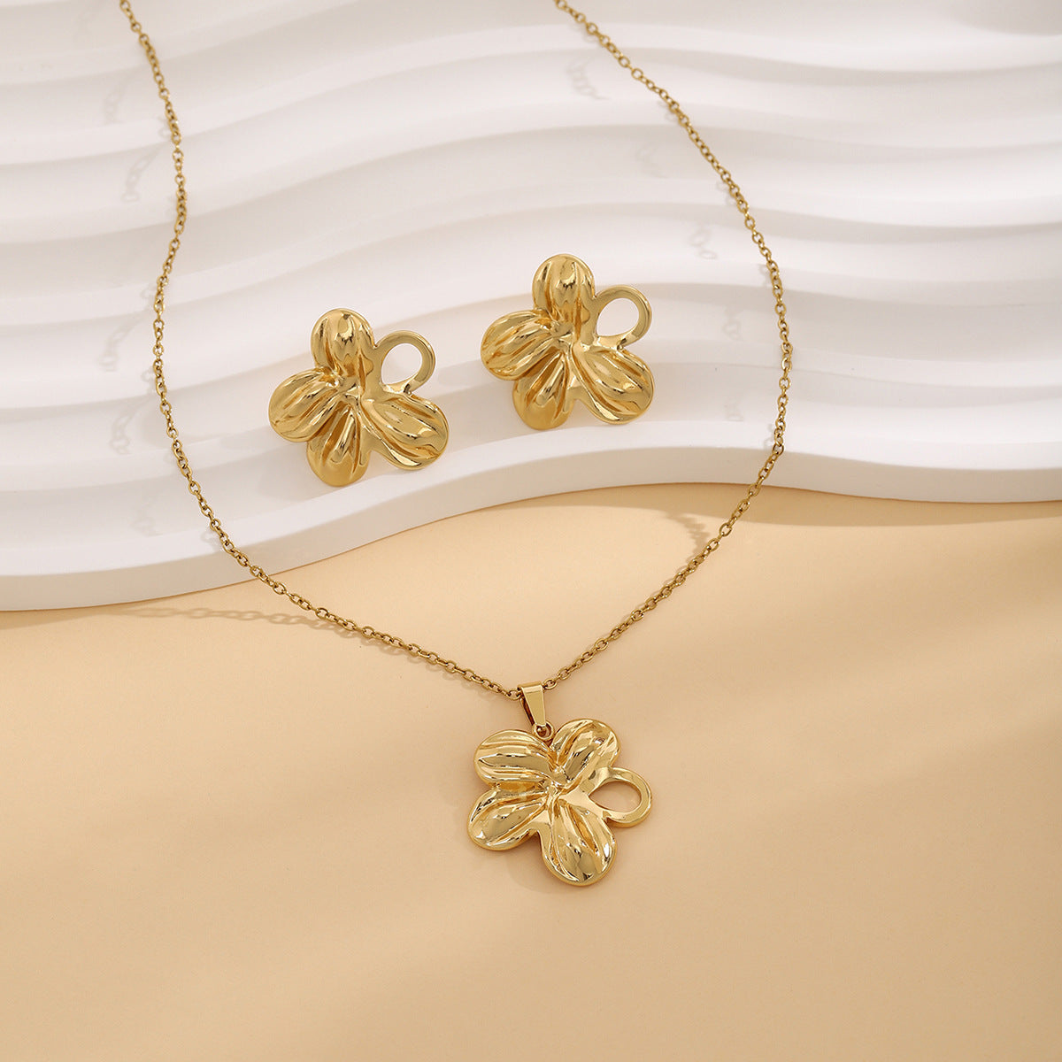 Gold Floral Stainless Steel Jewelry Set Earrings + Necklace