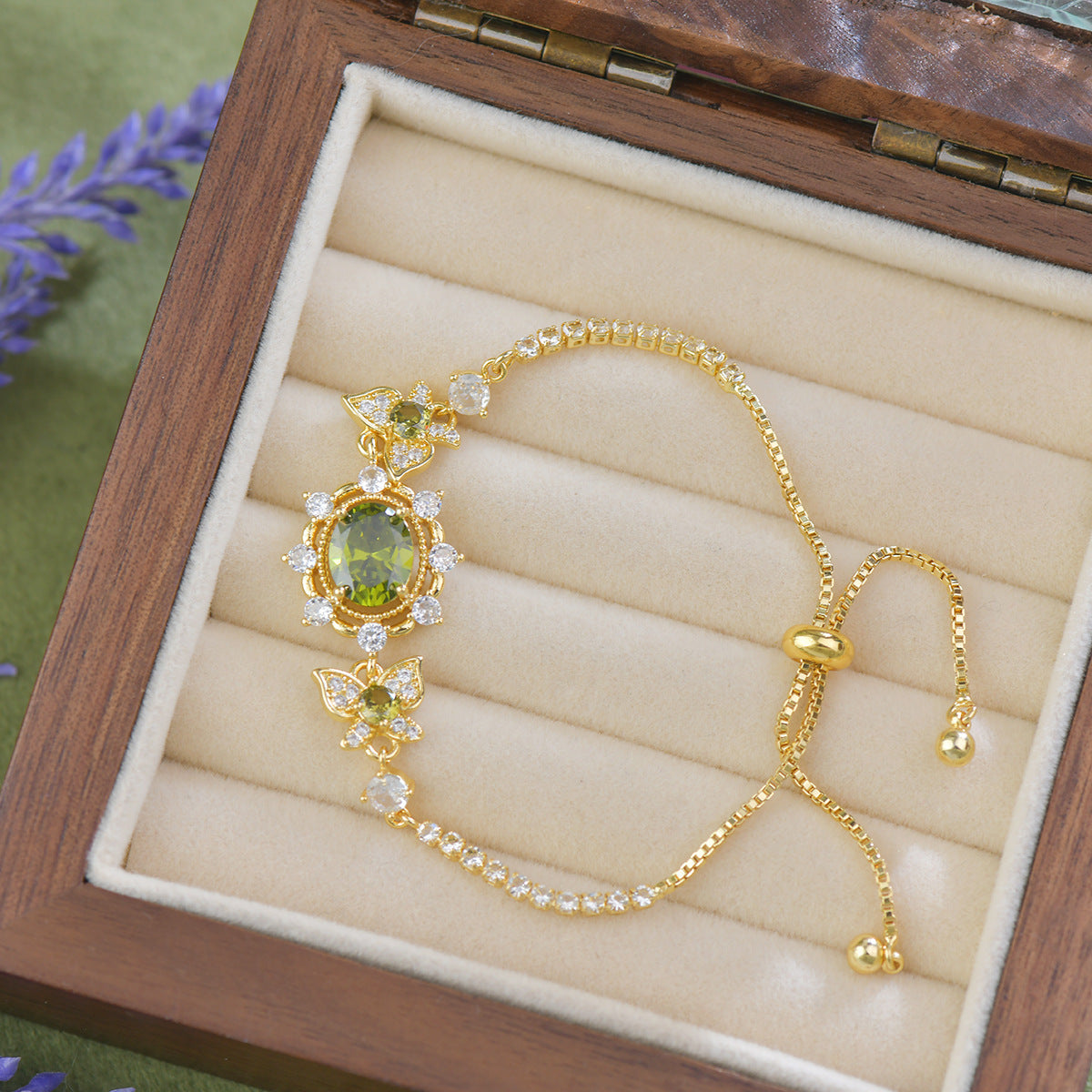 Elegant Green Zircon Vintage Jewelry Set – Gold Plated Necklace, Bracelet, Ring & Earrings