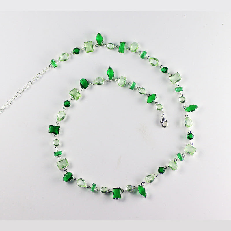 Way to Forest - Green Zircon Silver Crystal Bracelet Necklace, Adjustable Copper Plated Link Chain, Sparkling Gemstones