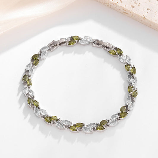 Emerald Whisper Leaf Bracelet – Green & White Zirconia Elegance in Silver Plated Copper