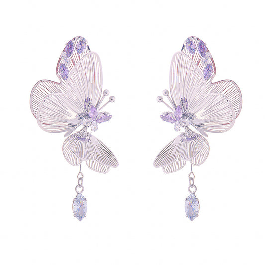 Silver Butterfly Earrings with Purple & Blue Cubic Zirconia – Elegant Crystal Jewelry