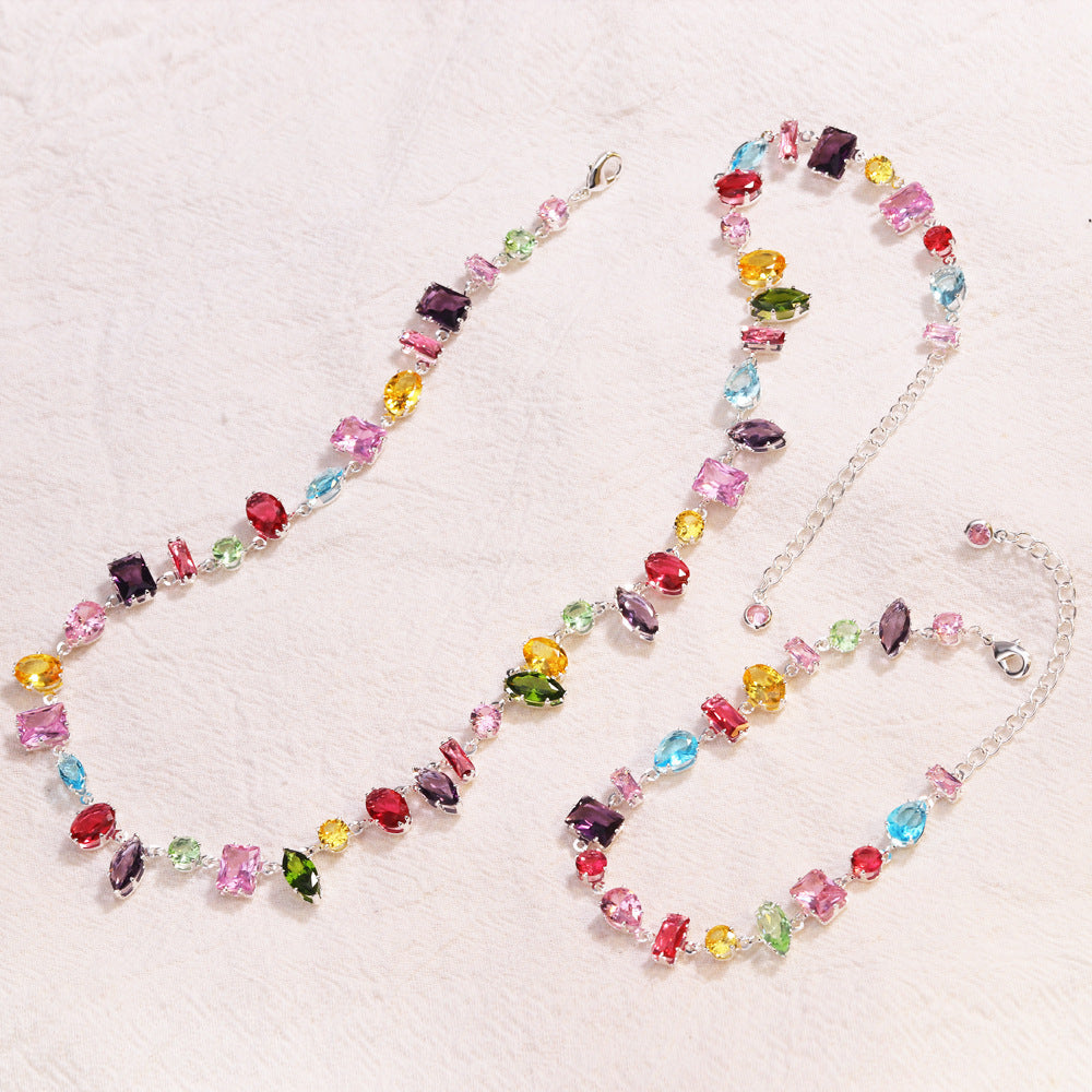 Sweet Candy - Silver Zircon Crystal Jewelry Set – Bracelet & Necklace, Adjustable Chain