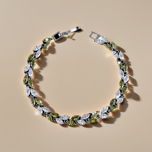 Emerald Whisper Leaf Bracelet – Green & White Zirconia Elegance in Silver Plated Copper