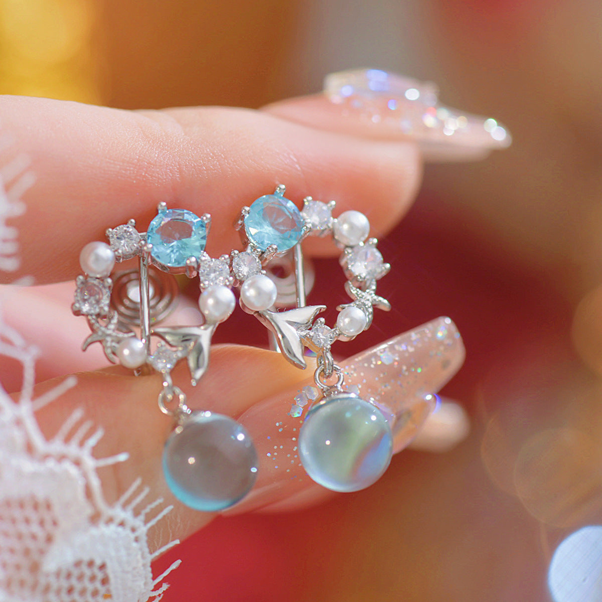 Blue Bubble - Silver-Plated Earring with Aqua Crystals, Pearls & Starfish Design - A Touch of Ocean Magic