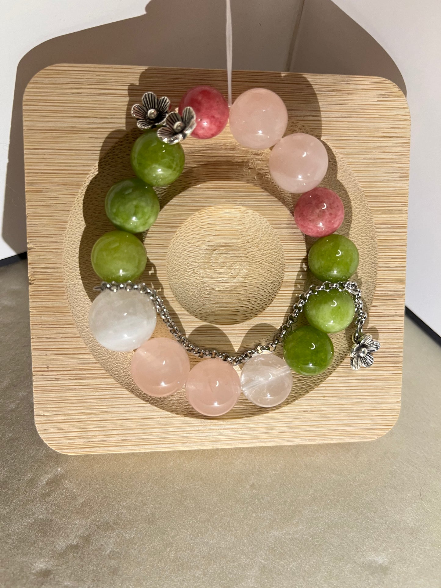 Rose Orchard – Natural Pink & Green Crystal Bracelet with Floral Charm