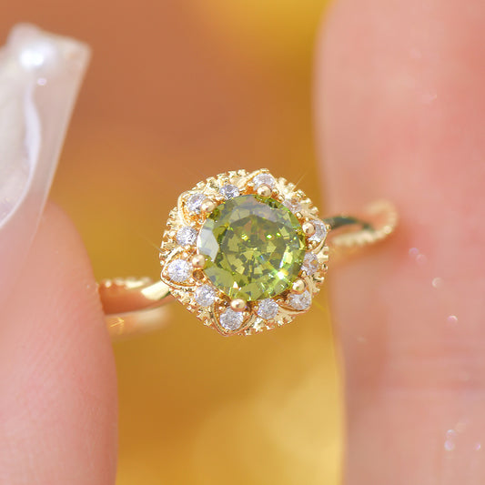 Bouquet of Flowers - Adjustable Green Cubic Zirconia Halo Ring, Gold & Silver Plated Copper, Hand Polished
