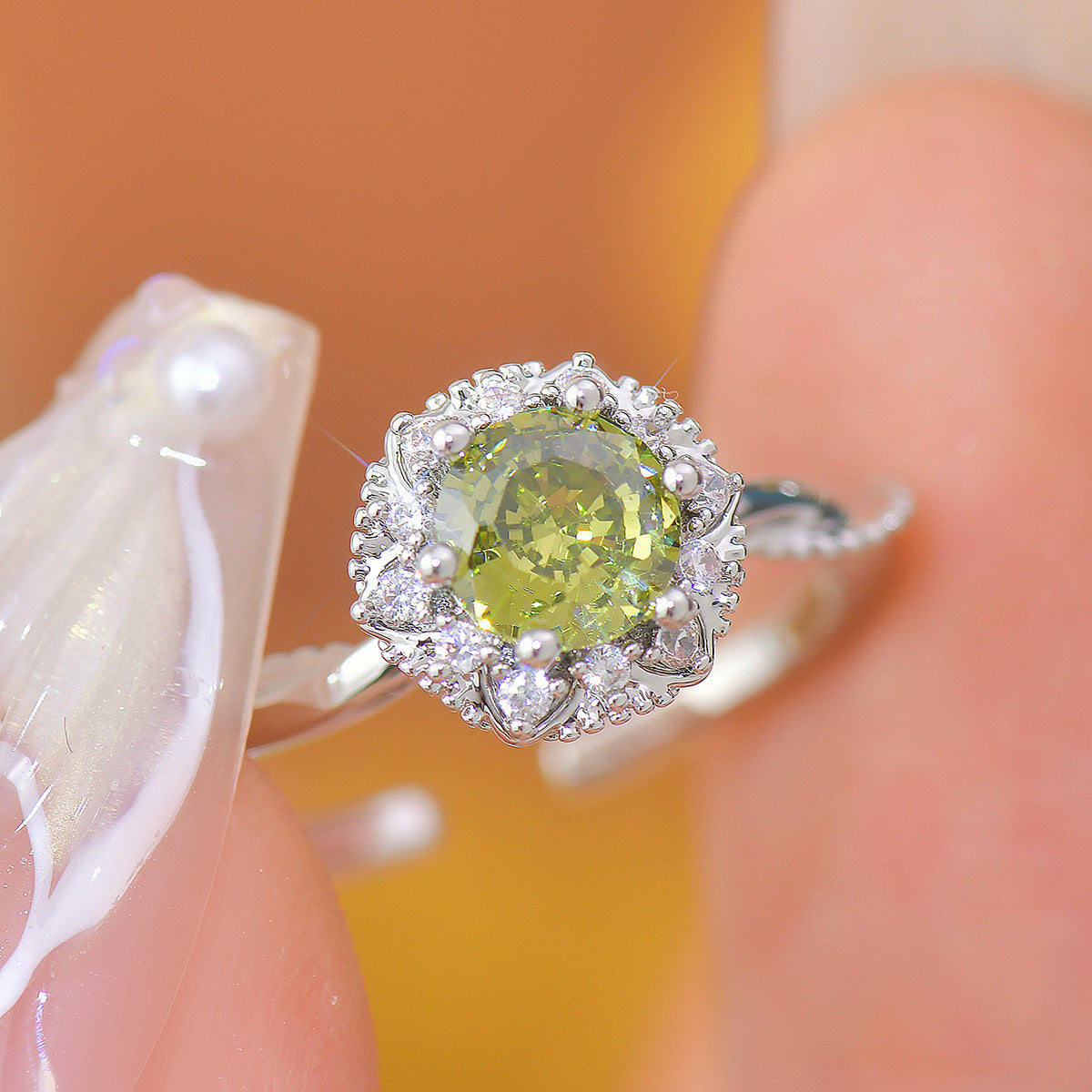 Bouquet of Flowers - Adjustable Green Cubic Zirconia Halo Ring, Gold & Silver Plated Copper, Hand Polished