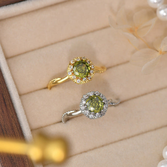 Bouquet of Flowers - Adjustable Green Cubic Zirconia Halo Ring, Gold & Silver Plated Copper, Hand Polished