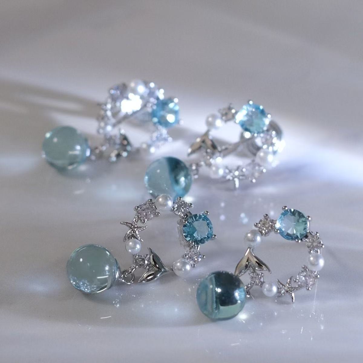 Blue Bubble - Silver-Plated Earring with Aqua Crystals, Pearls & Starfish Design - A Touch of Ocean Magic