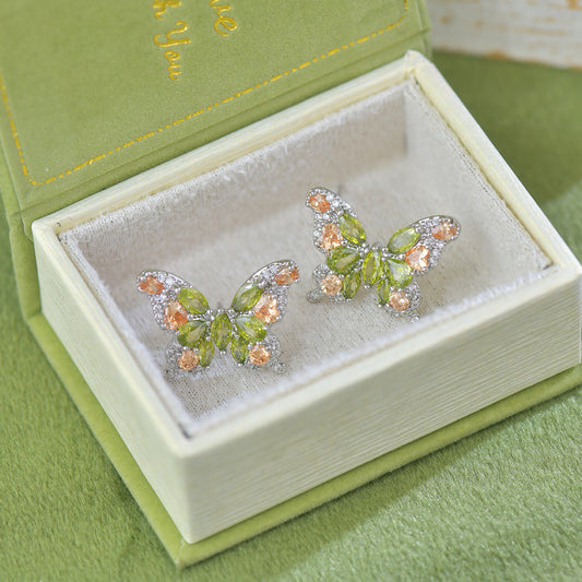 Fairy Butterfly - 14k Silver Plated Stainless Steel Earring with Green Stones & Diamond Accents