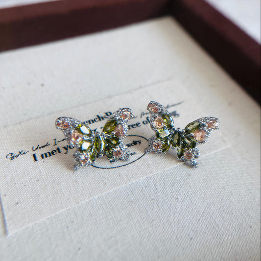 Fairy Butterfly - 14k Silver Plated Stainless Steel Earring with Green Stones & Diamond Accents