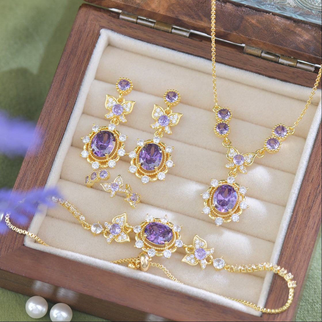 Purple Butterfly Vintage Gold Plated Cubic Zirconia Jewelry Set – Necklace, Earrings, Bracelet & Ring, Hand Polished