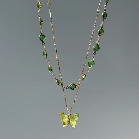 Garden Butterfly - Olive Green Double Layer Butterfly Necklace, Gold Plated Zircon Pendant