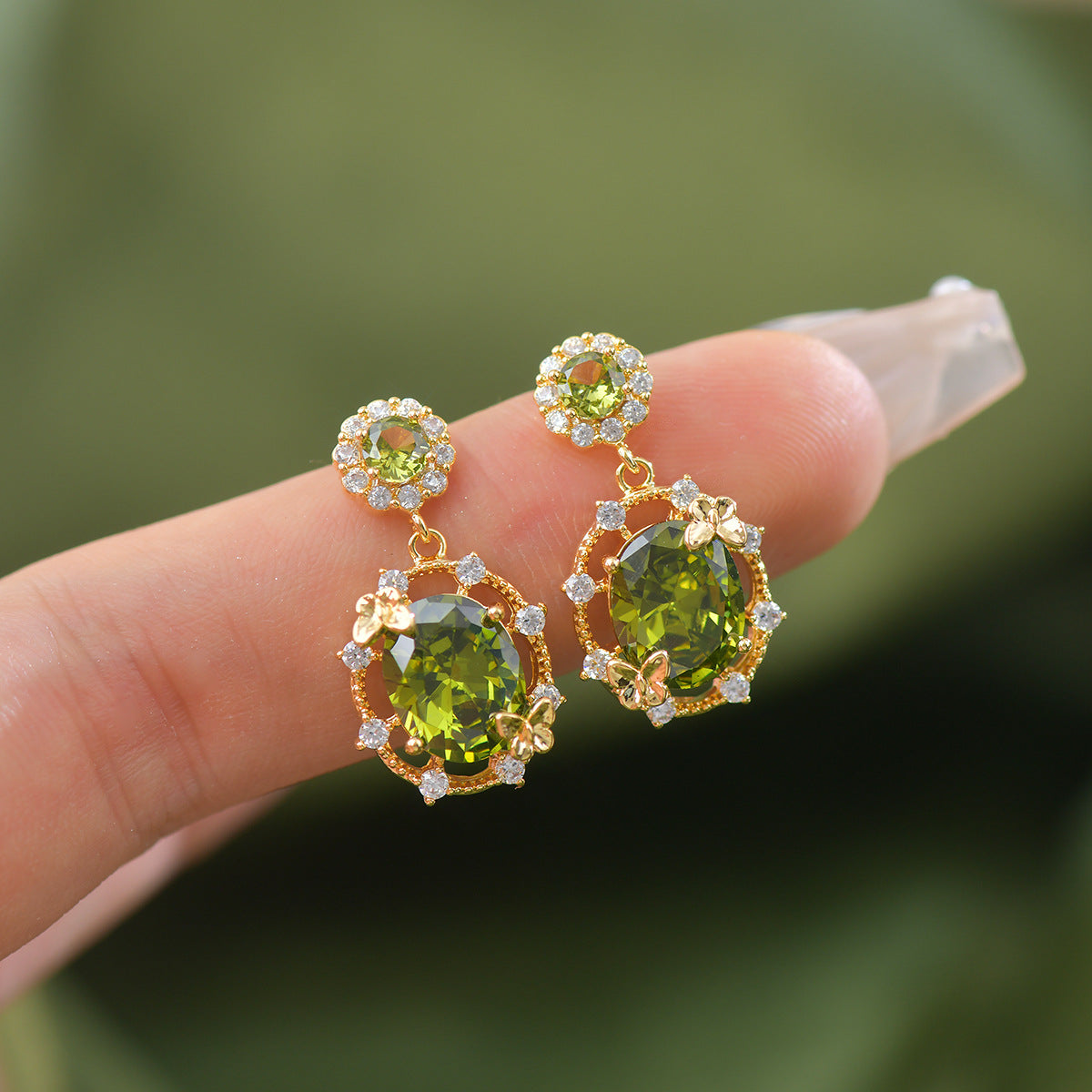 Butterfly Bloom - Green Zircon Jewelry Set with 14K Gold-Plated Copper - Necklace, Bracelet, Earrings & Ring