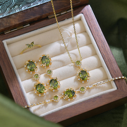 Butterfly Bloom - Green Zircon Jewelry Set with 14K Gold-Plated Copper - Necklace, Bracelet, Earrings & Ring