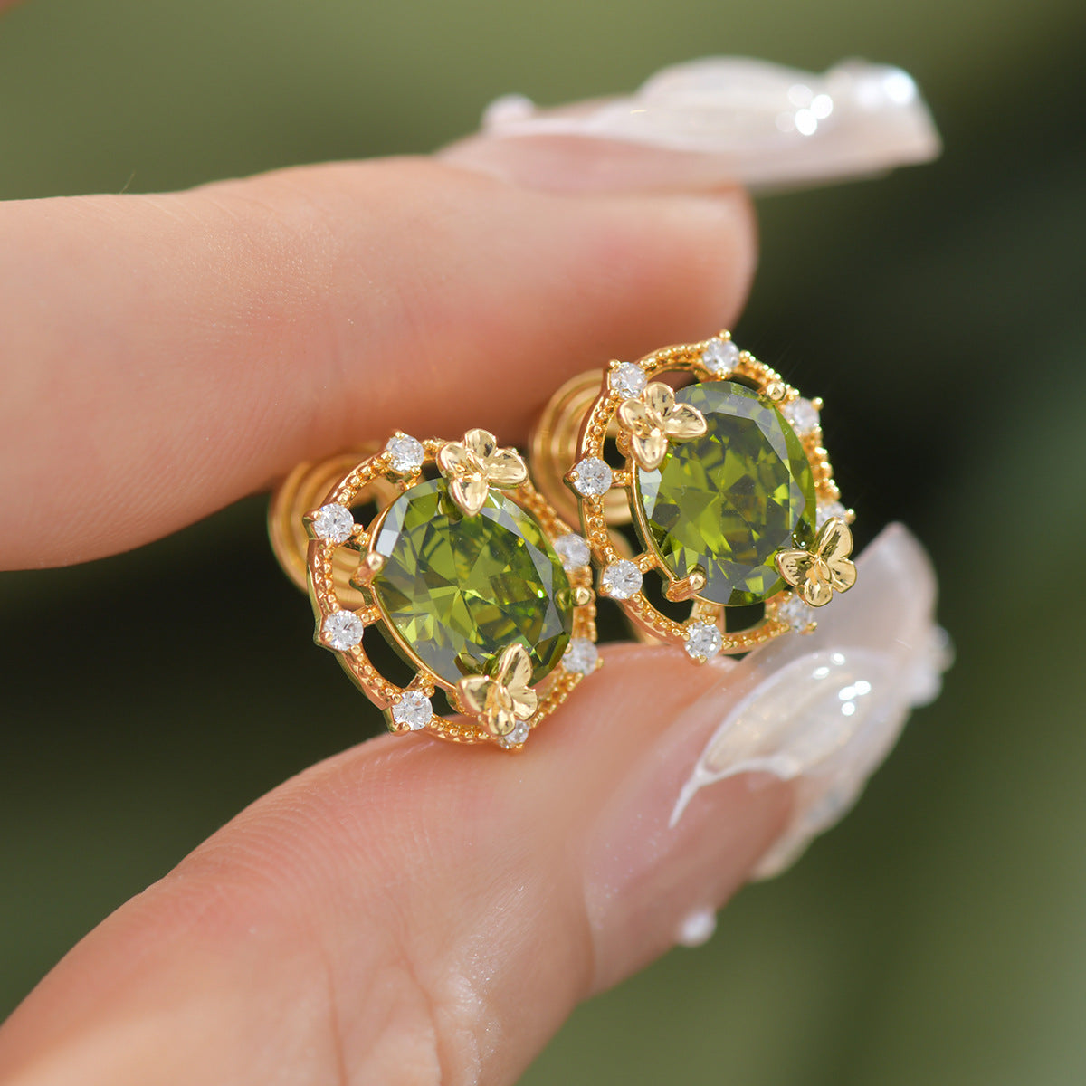Butterfly Bloom - Green Zircon Jewelry Set with 14K Gold-Plated Copper - Necklace, Bracelet, Earrings & Ring