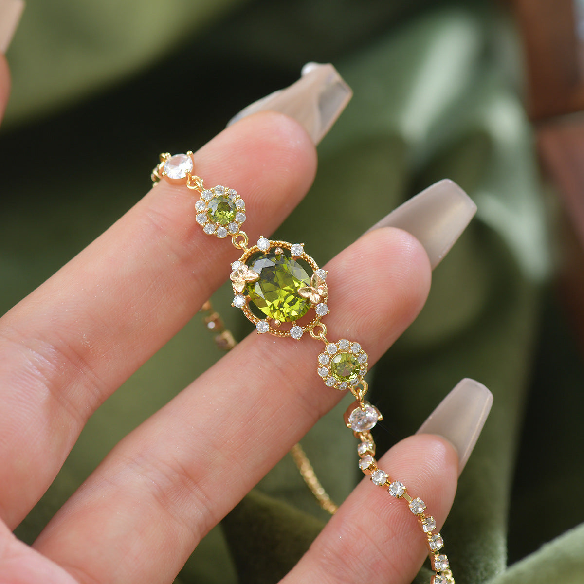 Butterfly Bloom - Green Zircon Jewelry Set with 14K Gold-Plated Copper - Necklace, Bracelet, Earrings & Ring