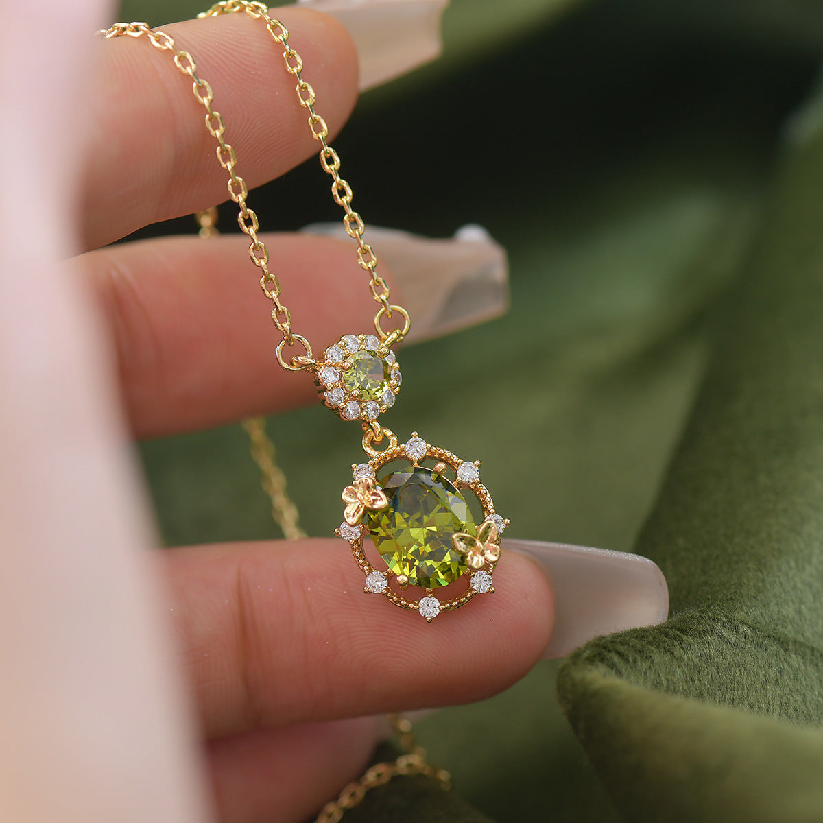 Butterfly Bloom - Green Zircon Jewelry Set with 14K Gold-Plated Copper - Necklace, Bracelet, Earrings & Ring