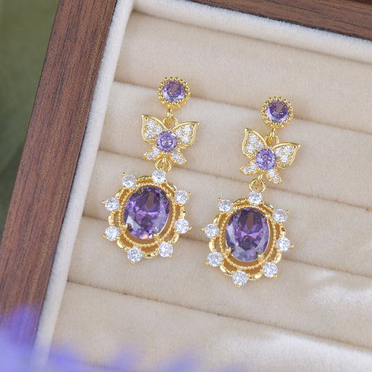 Purple Butterfly Vintage Gold Plated Cubic Zirconia Jewelry Set – Necklace, Earrings, Bracelet & Ring, Hand Polished