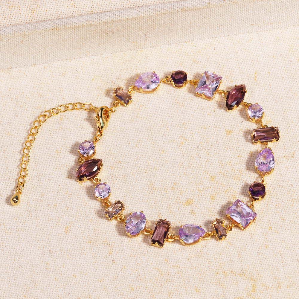 Way to Forest - Purple Zircon Crystal Bracelet, Adjustable Copper Plated Link Chain, Sparkling Gemstones