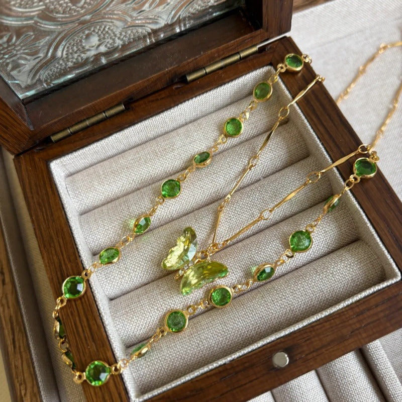Garden Butterfly - Olive Green Double Layer Butterfly Necklace, Gold Plated Zircon Pendant