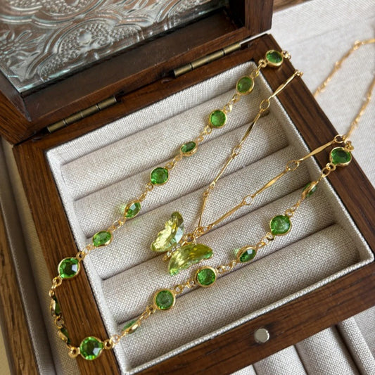 Garden Butterfly - Olive Green Double Layer Butterfly Necklace, Gold Plated Zircon Pendant