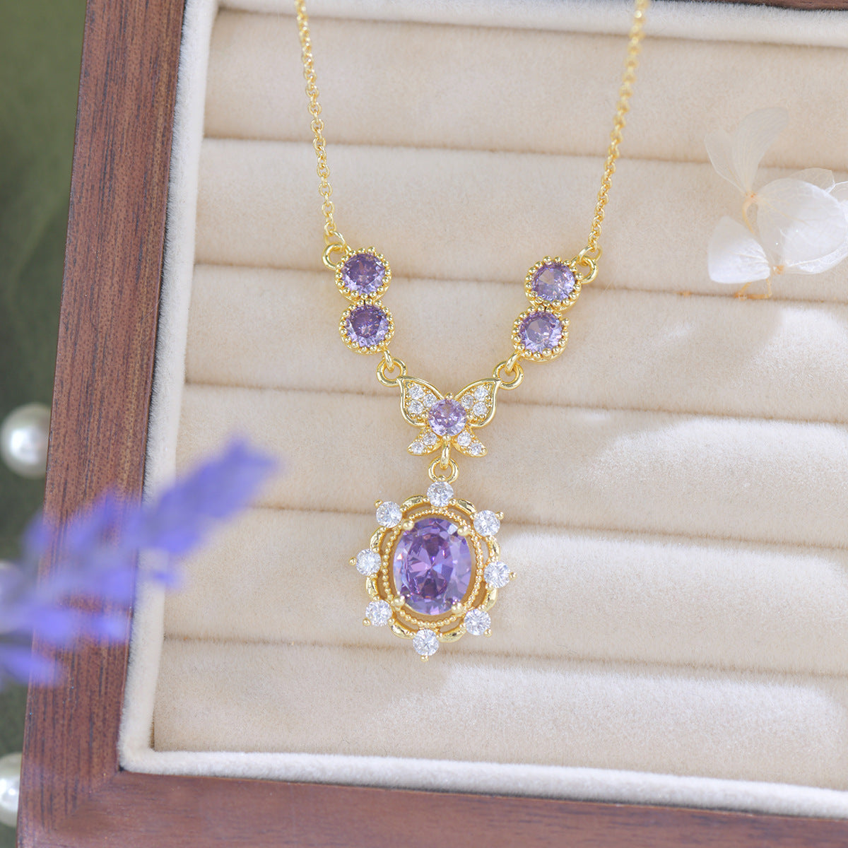 Purple Butterfly Vintage Gold Plated Cubic Zirconia Jewelry Set – Necklace, Earrings, Bracelet & Ring, Hand Polished