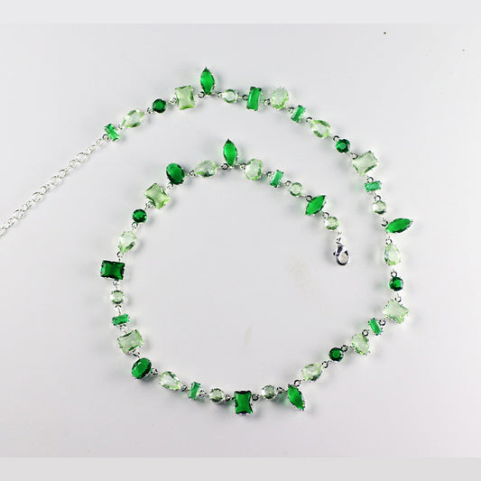 Way to Forest - Green Zircon Silver Crystal Bracelet Necklace, Adjustable Copper Plated Link Chain, Sparkling Gemstones