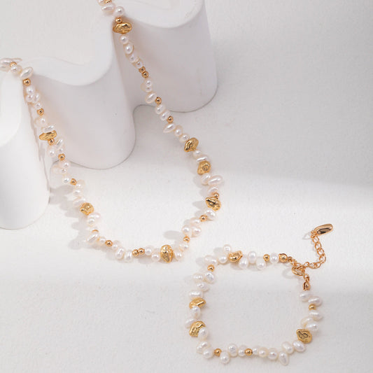 Bloom Baroque Pearl Necklace & Bracelet Set – 925 Sterling Silver, Gold Plated, Handmade Jewelry